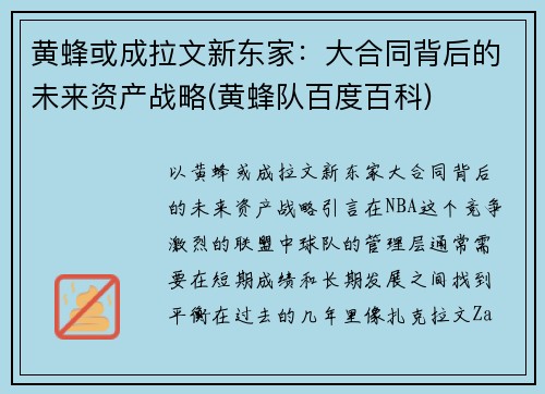 黄蜂或成拉文新东家：大合同背后的未来资产战略(黄蜂队百度百科)