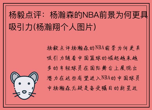 杨毅点评：杨瀚森的NBA前景为何更具吸引力(杨瀚翔个人图片)